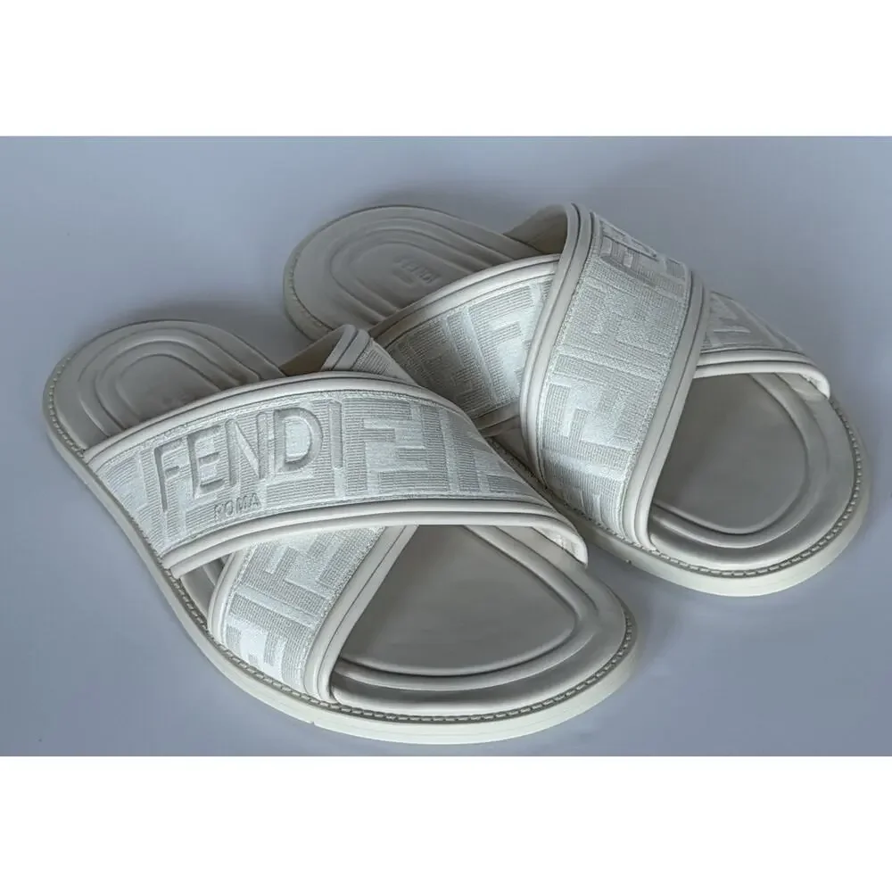 Fendi Men's FF Leather/Fabric Ivory Slide Sandals 12 US/11 UK IT 7X1548 NIB $730